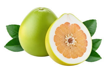 Fresh whole and half-cut pomelo fruits with juicy pink flesh and green leaves on a transparent shadowless background with copy space. Concept for healthy food marketing