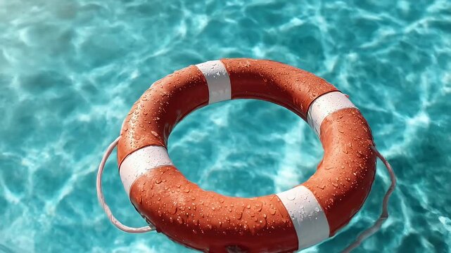 A life preserver floats in clear, sparkling water. It's orange and white, with water drops