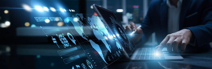 Analysts connected to the digital geographic information system access spatial data. Mapping analytics, remote sensing, geolocation insight, and terrain visualization.