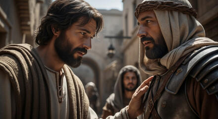 Fototapeta premium Biblical story of the faithful centurion pleading with Jesus Christ. A dramatic and intimate scene depicting a Roman soldier's faith and a gospel miracle