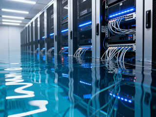 Flooded data center with rows of server racks partially submerged in rippling blue water and glowing lights.
