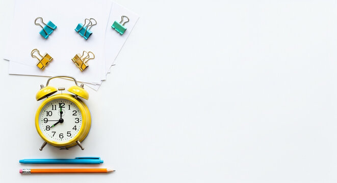 An overhead, flat-lay composition against a stark white background showcasing a workspace setup