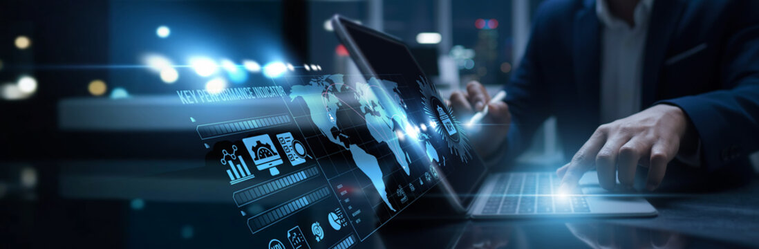 Analysts connected to digital key performance indicator access data metrics. Dashboard reporting, goal tracking, productivity measures, and performance management.