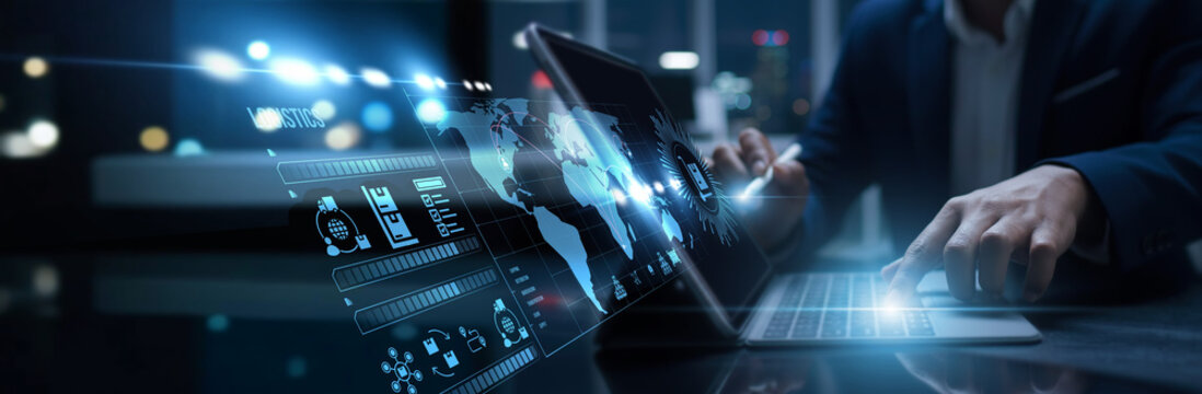 Managers connected to digital logistics access supply chain efficiency. Real-time tracking, warehouse automation, delivery optimization, and distribution intelligence. - Powered by Adobe