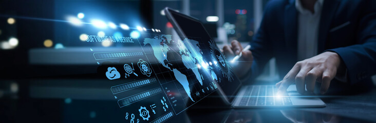 Developer connected to the digital software as a service access cloud solution. Subscription model,...