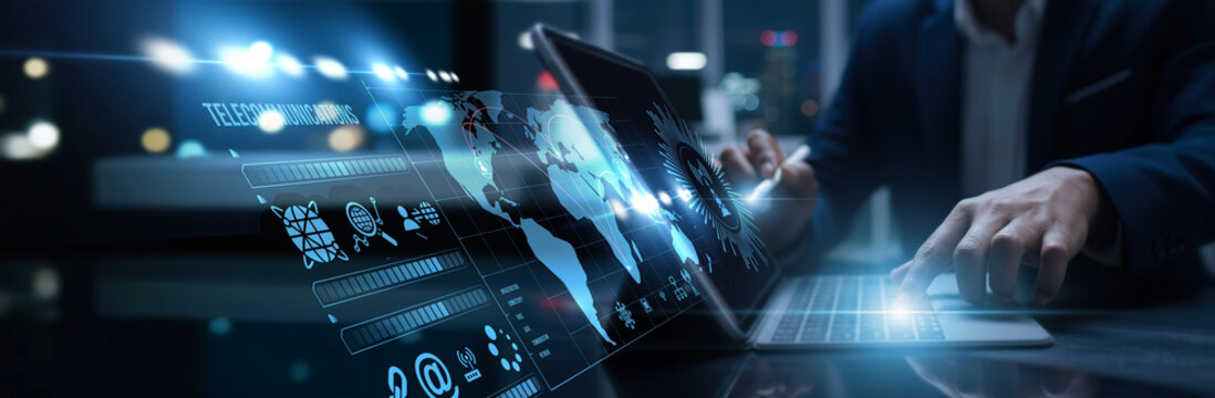 Engineer connected to the digital telecommunications access communication network. Signal transmission, data exchange, 5G innovation, and connectivity improvement infrastructure. - Powered by Adobe