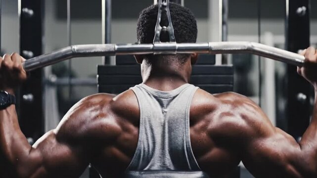 Muscular man doing lat pulldown exercise back view strength training at the gym