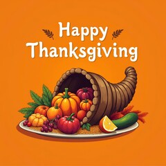 Happy Thanksgiving Day, celebration illustration. Cornucopia filled with pumpkins, fruits, and vegetables on orange background. Seasonal greetings, packaging, social media, and festive design.