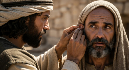 Jesus Christ performing a healing miracle by touching a man's ear. A close-up biblical scene from the New Testament depicting faith and divine power