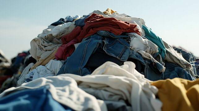 A disordered pile of varied garments under a clear sky showcases excess. It symbolizes overconsumption and its environmental impact, urging sustainable habits.
