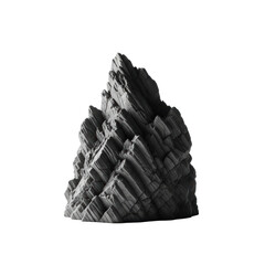 Imposing dark gray rugged rock, sharp edges, intricate textures, isolated on stark white plain, ultra realistic studio shot, concept of geological grandeur and stark beauty