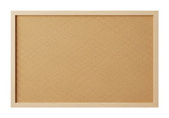 Blank, rectangular cork bulletin board with natural wood frame and detailed cork texture, isolated on a transparent background with diffused studio lighting. Concept of empty versatility
