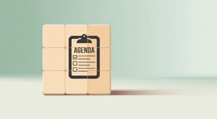 Agenda Cube: A 3D rendered image of a wooden cube showcasing an agenda symbol in a creative display. It can evoke a sense of organization, planning, and readiness for tasks. 
