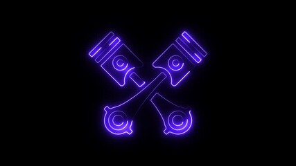 Neon purple crossed pistons abstract automotive engine part symbol glowing on black background dynamic mechanical