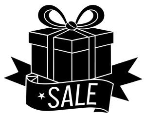 Gift box with ribbon and sale label silhouette vector illustration isolated on white background