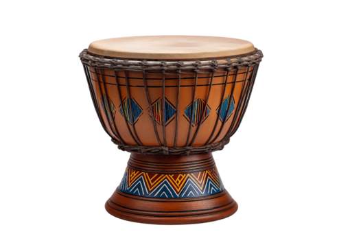 Djembe drum with geometric patterns isolated on a transparent background