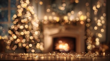 Warm Christmas living room with golden bokeh lights and fireplace background