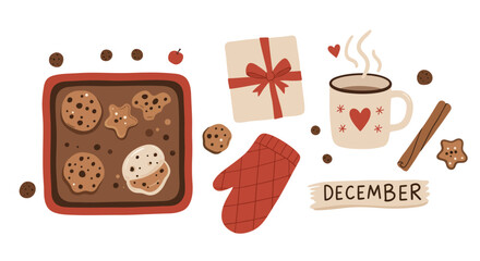 Cozy December Baking Scene with Cookies Cocoa and Gifts.