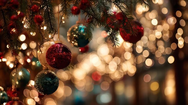 Close up of festive christmas tree ornaments and twinkling warm bokeh lights creating a magical holiday atmosphere - Powered by Adobe