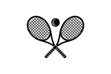 Simple line art icon of crossed tennis rackets and ball