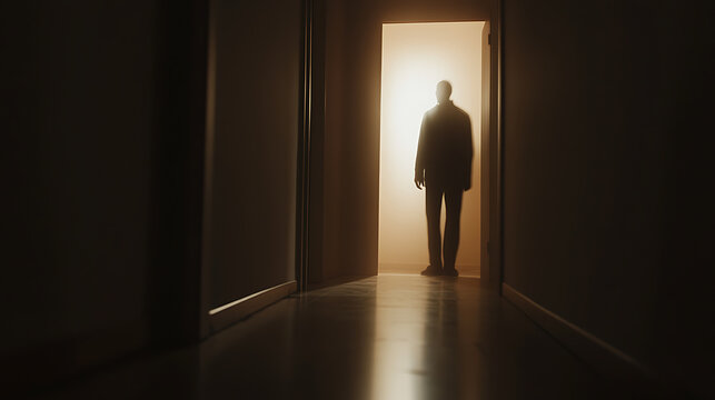 A shadowy figure stands in a brightly lit doorway at the end of a dark hallway, creating a mysterious and suspenseful atmosphere. The stark contrast adds to the intrigue.
