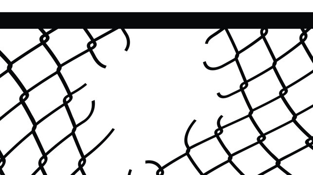 Vector illustration of a broken chain-link fence with a large hole in the center. Thick black lines of the mesh and severed wires are on either side of the gap against a white background. Represents e