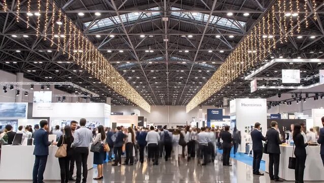 Business people attending a bustling international trade show inside a vast and modern exhibition hall with impressive industrial architecture