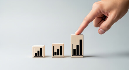 Finger points to wooden blocks with increasing bar graph, symbolizing business growth and financial success.