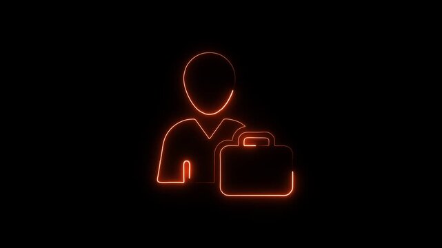 Glowing orange neon outline of a person holding a briefcase on a black background representing business travel career
