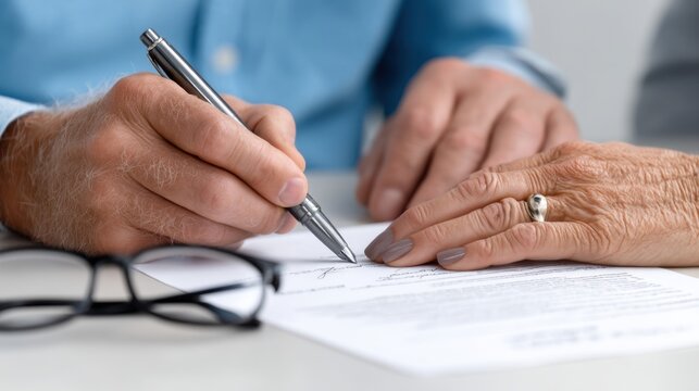 Close-up of an old couple's hands signing a healthcare contract, with a pen and glasses on the desk, emphasizing trust and commitment to elderly wellness. 