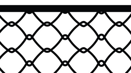 Fototapeta premium Vector illustration of a seamless chain-link fence pattern. Thick black lines form a diamond mesh against a white background, with a solid black top border. Represents security, barrier, or boundary.