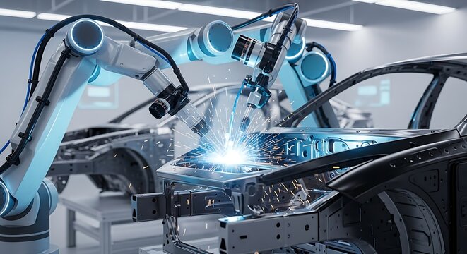 Automated Robotic Welding System in Car Manufacturing Facility Industrial Production