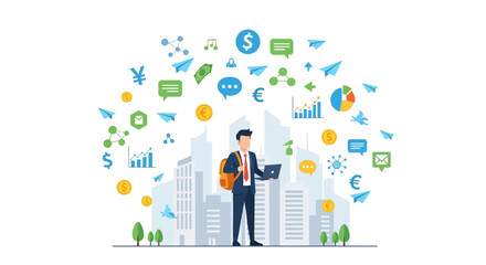 Financial growth and global business communication concept with businessman and digital icons, city background