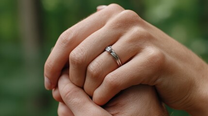 Dreamy close-up of their hands intertwined, her ring catching the light, with a blurred forest backdrop. Symbol of unity, nature-inspired love, and forever promises. 