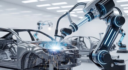 Automated vehicle assembly line with robotic welding arms in car factory