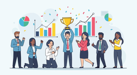 Team celebrating success and achievement with a trophy, confetti falling, and charts in the background, symbolizing victory and teamwork