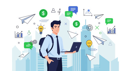 Businessman working on laptop with digital icons and cityscape background, symbolizing business growth and technology