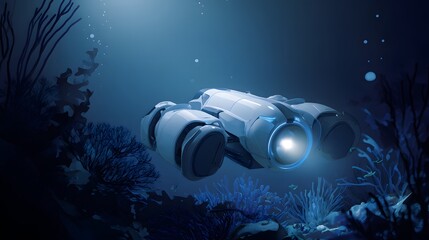 Futuristic underwater robot explores ocean depths revealing serene coral reefs and marine life