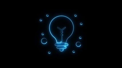 Glowing blue neon light bulb surrounded by floating circles on black background symbolizing innovation creativity - Powered by Adobe
