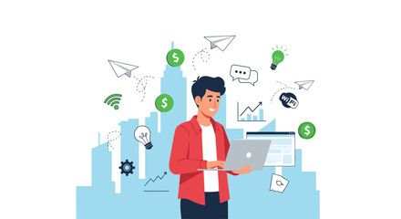 A Young Professional Strategizing Business Growth with Technology and Innovative Ideas Amidst City Skyline