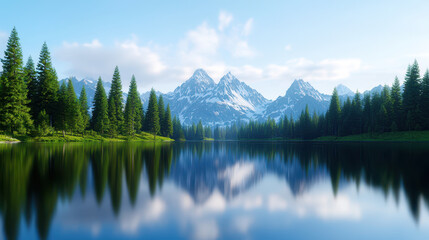 Serene landscape featuring tranquil lake surrounded by lush green pine trees and majestic snow capped mountains under clear blue sky