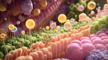 3D Microscopic Nutrient Absorption Through Intestinal Wall &ndash; Glowing Molecular Biology Background