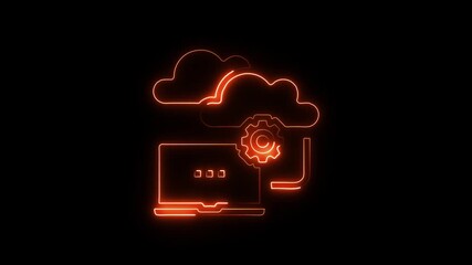 Neon orange outline of cloud computing laptop and gear icon glowing on black background digital technology concept - Powered by Adobe