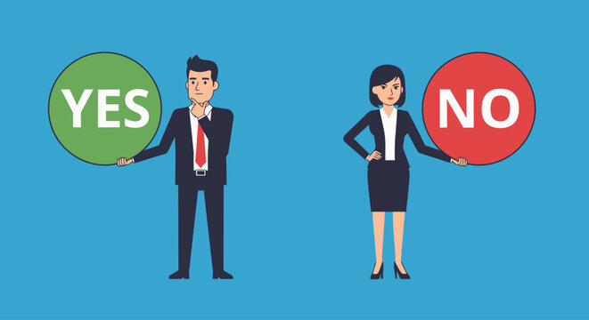 Decision making process, man holding yes, woman holding no, illustration on blue background