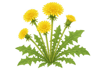 Fototapeta premium Dandelion plant growing with yellow flowers and green leaves, botanical illustration on transparent background