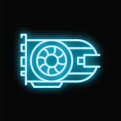 Blue neon icon of a graphic card glowing on a dark background, perfect for technology and gaming concepts