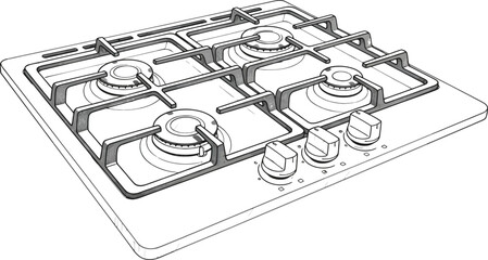 Detailed gas stove illustration, kitchen appliance with four burners