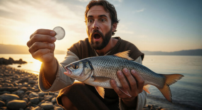 The apostle Peter with an astonished expression finding a coin in a fish's mouth. A biblical miracle for the temple tax. Christian story of faith and divine provision by the sea at sunrise