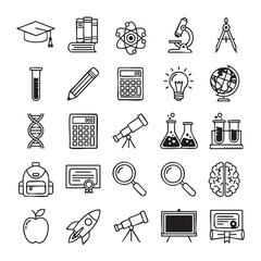 Back to school education tools and science equipment icons line art