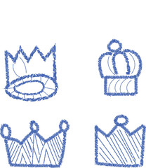 Four hand drawn blue crowns on a white background